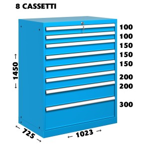 S10-51450-PR8 CASSETTIERA METALLO INDUSTRIALE OFFICINA 54 X 36 Eh (L 1023 x P 725 x H 1450) 8 CASSETTI