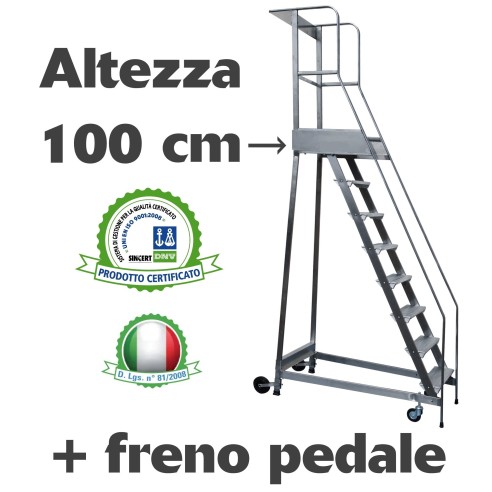 Scala a castello palchetto con FRENO PEDALE - 4 SCALINI H 100 CM in acciaio INOX e alluminio - disponibili ricambi  S0304A/P