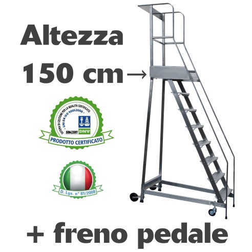 Scala a castello palchetto con FRENO PEDALE - 6 SCALINI H 150 CM in acciaio INOX e alluminio - disponibili ricambi  S0306A/P
