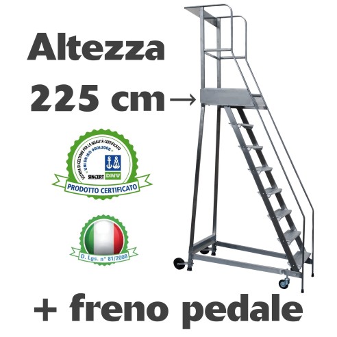 Scala a castello palchetto con FRENO PEDALE - 9 SCALINI H 225 CM in acciaio INOX e alluminio - disponibili ricambi  S0309A/P