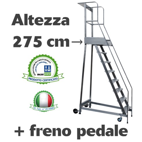 Scala a castello palchetto con FRENO PEDALE - 11 SCALINI H 275 CM in acciaio INOX e alluminio - disponibili ricambi  S0311A/P