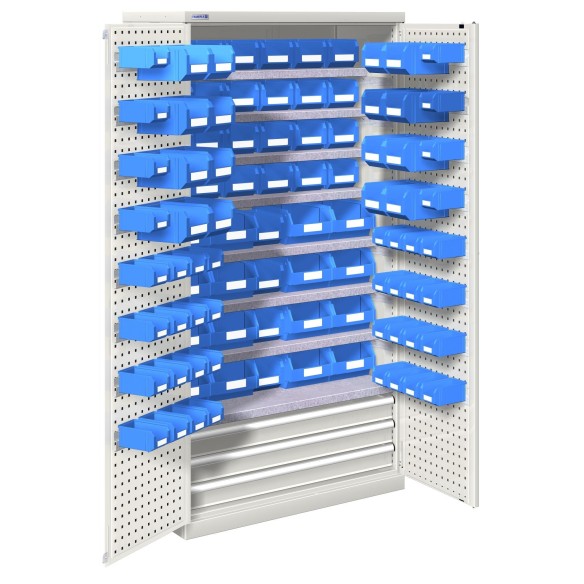 ARMADIO INDUSTRIALE OFFICINA METALLO PORTE BATTENTE E CASSETTI CON CONTENITORI L. 103 x P. 55 x H. 200 cm.