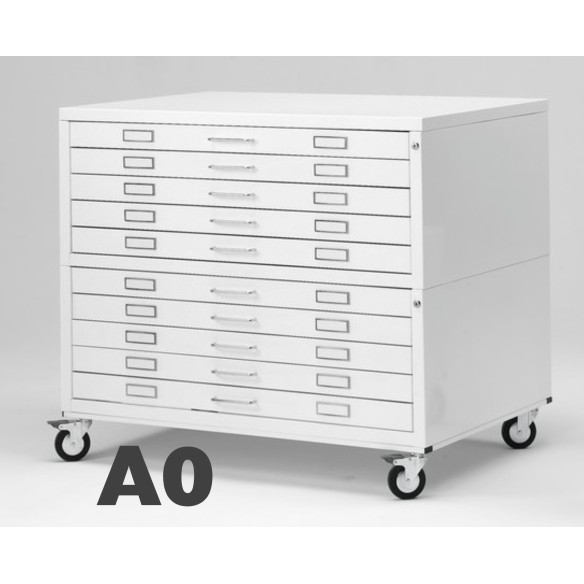 Cassettiera Portadisegni PREMIUM con ruote 10 Cassetti A0 Porta disegno Bianco componibile orizzontale cm 144x96x98h