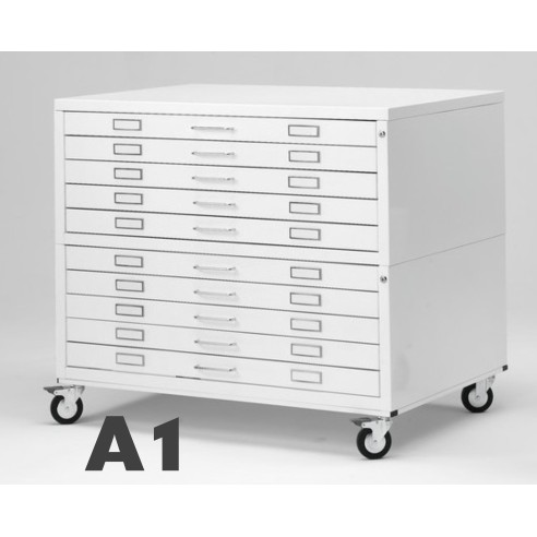 Cassettiera Portadisegni PREMIUM con ruote 10 Cassetti A1 Bianco componibile orizzontale cm 116x75.5x98h