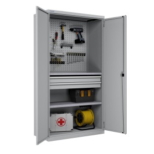 ARMADIO INDUSTRIALE OFFICINA METALLO PORTE BATTENTE CON PANNELLI FORATI 2 CASSETTI L. 103 x P. 55 x H. 200 cm. MONTATO 2