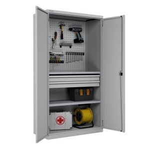 ARMADIO INDUSTRIALE OFFICINA METALLO PORTE BATTENTE CON PANNELLI FORATI 2 CASSETTI L. 103 x P. 55 x H. 200 cm. MONTATO 2