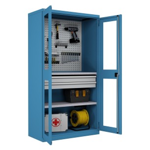 ARMADIO INDUSTRIALE OFFICINA METALLO PORTE BATTENTE PLEXIGLAS CON PANNELLI FORATI 2 CASSETTI L. 103 x P. 55 x H. 200 cm. MONTATO 2