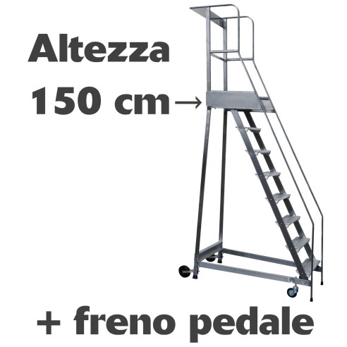 Scala a castello palchetto con FRENO PEDALE - 6 SCALINI H 150 CM in acciaio INOX e alluminio - disponibili ricambi