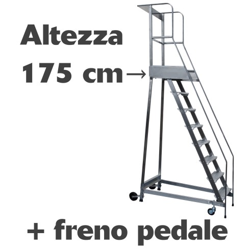 Scala a castello palchetto con FRENO PEDALE - 7 SCALINI H 175 CM in acciaio INOX e alluminio - disponibili ricambi