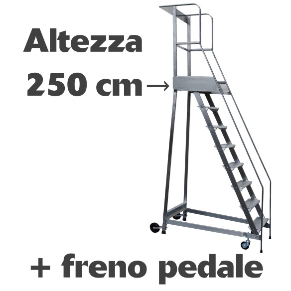 Scala a castello palchetto con FRENO PEDALE - 10 SCALINI H 250 CM in acciaio INOX e alluminio - disponibili ricambi