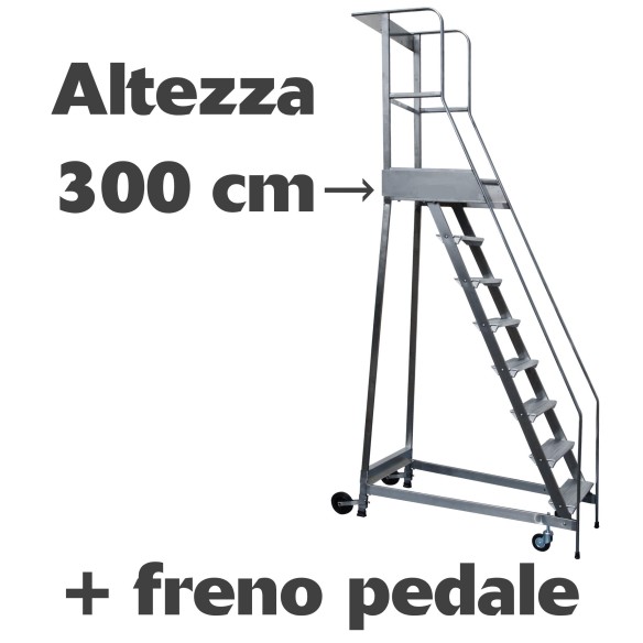 Scala a castello palchetto con FRENO PEDALE - 12 SCALINI H 300 CM in acciaio INOX e alluminio - disponibili ricambi