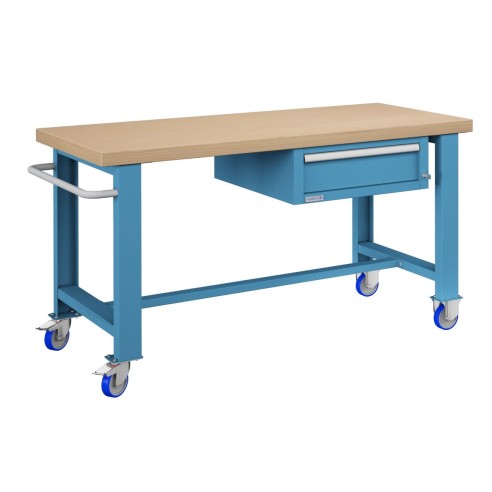 BANCO da LAVORO CON RUOTE E CASSETTO PROFESSIONALE 75 x 150 cm portata 400 KG. Piano in legno o Gomma anti olio