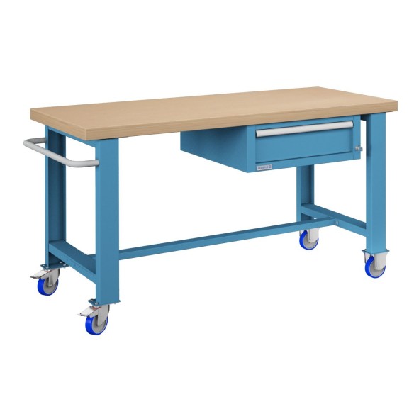 BANCO da LAVORO CON RUOTE E CASSETTO PROFESSIONALE 75 x 150 cm portata 400 KG. Piano in legno o Gomma anti olio