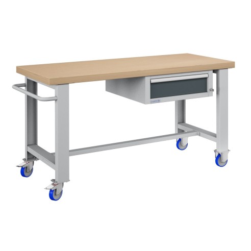 BANCO da LAVORO CON RUOTE E CASSETTO PROFESSIONALE 75 x 150 cm portata 400 KG. Piano in legno o Gomma anti olio