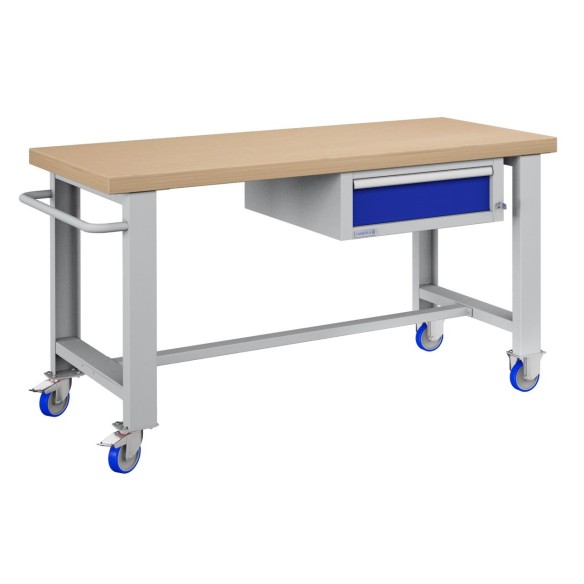 BANCO da LAVORO CON RUOTE E CASSETTO PROFESSIONALE 75 x 150 cm portata 400 KG. Piano in legno o Gomma anti olio