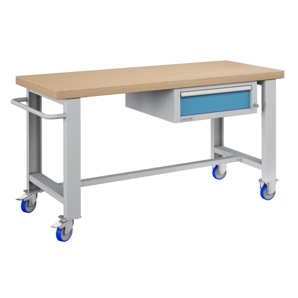 BANCO da LAVORO CON RUOTE E CASSETTO PROFESSIONALE 75 x 150 cm portata 400 KG. Piano in legno o Gomma anti olio