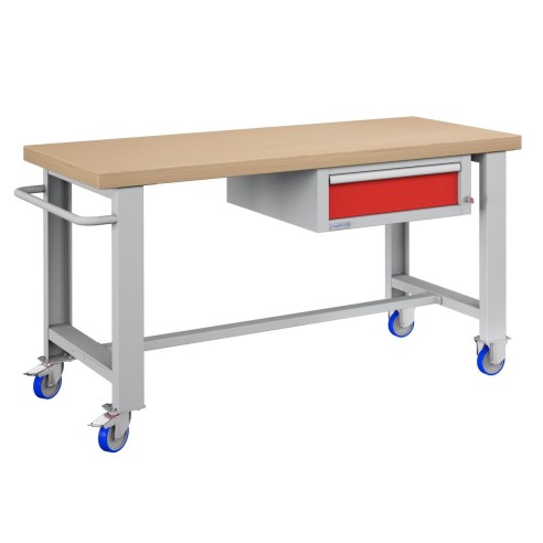 BANCO da LAVORO CON RUOTE E CASSETTO PROFESSIONALE 75 x 150 cm portata 400 KG. Piano in legno o Gomma anti olio