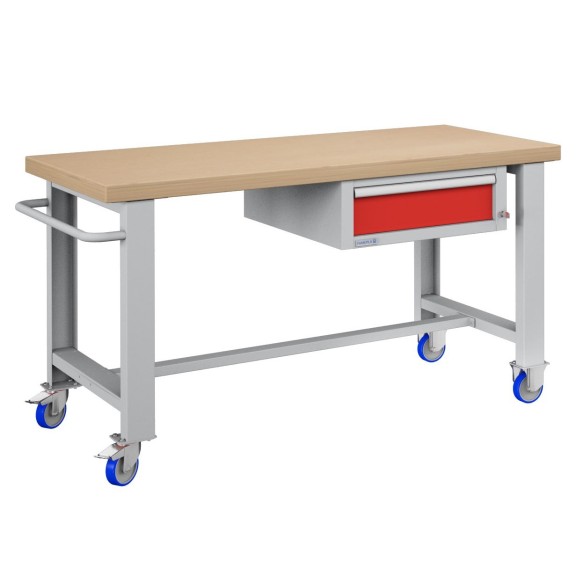 BANCO da LAVORO CON RUOTE E CASSETTO PROFESSIONALE 75 x 150 cm portata 400 KG. Piano in legno o Gomma anti olio