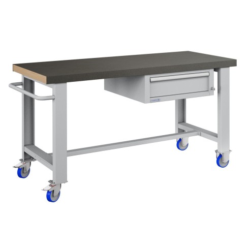 BANCO da LAVORO CON RUOTE E CASSETTO PROFESSIONALE 75 x 150 cm portata 400 KG. Piano in legno o Gomma anti olio