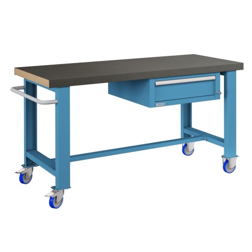 BANCO da LAVORO CON RUOTE E CASSETTO PROFESSIONALE 75 x 150 cm portata 400 KG. Piano in legno o Gomma anti olio