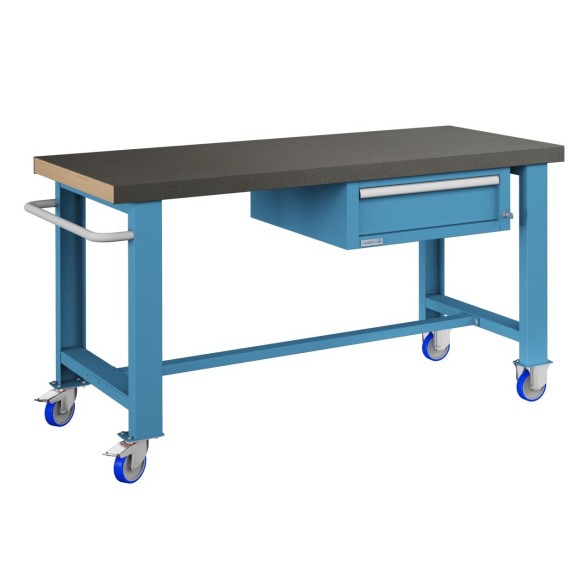 BANCO da LAVORO CON RUOTE E CASSETTO PROFESSIONALE 75 x 150 cm portata 400 KG. Piano in legno o Gomma anti olio