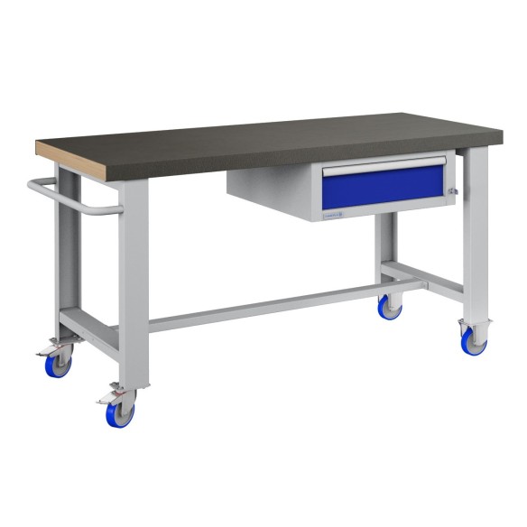 BANCO da LAVORO CON RUOTE E CASSETTO PROFESSIONALE 75 x 150 cm portata 400 KG. Piano in legno o Gomma anti olio