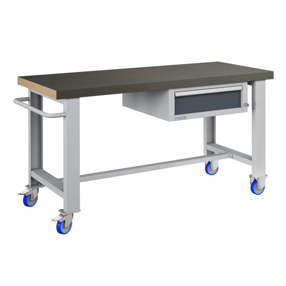 BANCO da LAVORO CON RUOTE E CASSETTO PROFESSIONALE 75 x 150 cm portata 400 KG. Piano in legno o Gomma anti olio