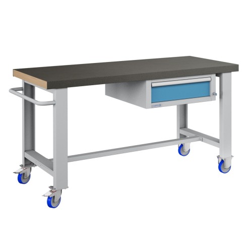 BANCO da LAVORO CON RUOTE E CASSETTO PROFESSIONALE 75 x 150 cm portata 400 KG. Piano in legno o Gomma anti olio