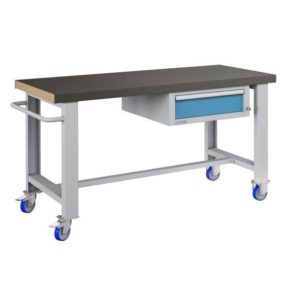 BANCO da LAVORO CON RUOTE E CASSETTO PROFESSIONALE 75 x 150 cm portata 400 KG. Piano in legno o Gomma anti olio