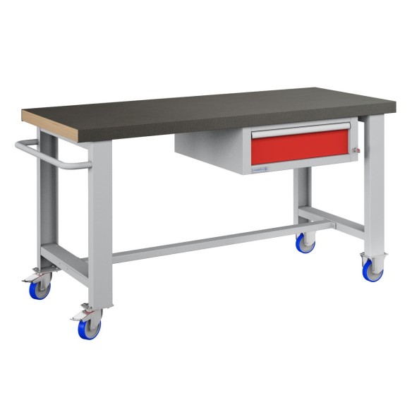 BANCO da LAVORO CON RUOTE E CASSETTO PROFESSIONALE 75 x 150 cm portata 400 KG. Piano in legno o Gomma anti olio