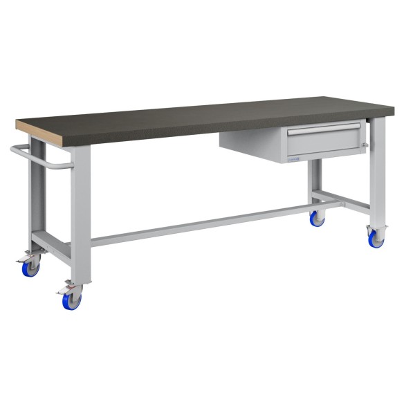 BANCO LAVORO CON RUOTE E CASSETTO PROFESSIONALE 75 x 200 cm portata 400 KG.