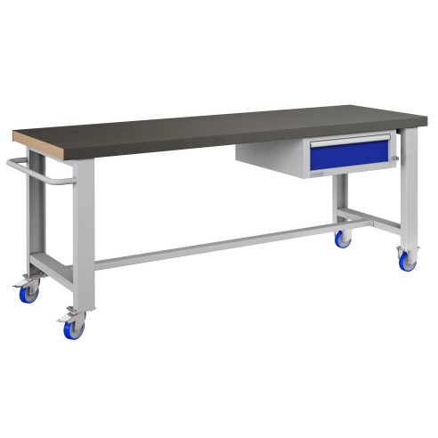 BANCO LAVORO CON RUOTE E CASSETTO PROFESSIONALE 75 x 200 cm portata 400 KG.