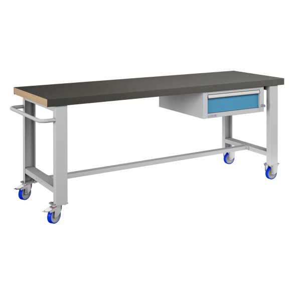 BANCO LAVORO CON RUOTE E CASSETTO PROFESSIONALE 75 x 200 cm portata 400 KG.