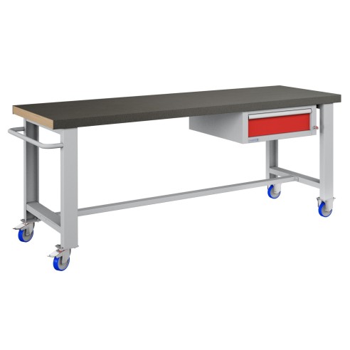 BANCO LAVORO CON RUOTE E CASSETTO PROFESSIONALE 75 x 200 cm portata 400 KG.