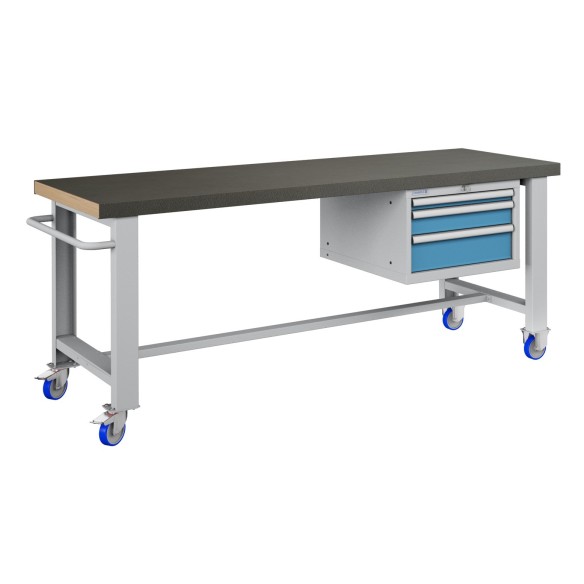 BANCO LAVORO CON RUOTE E 3 CASSETTI  PROFESSIONALE 75 x 200 cm portata 400 KG. ripiano in Legno o gomma anti olio