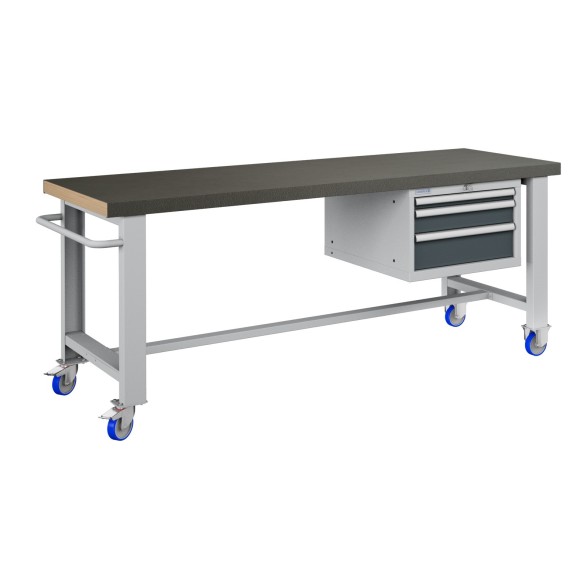 BANCO LAVORO CON RUOTE E 3 CASSETTI  PROFESSIONALE 75 x 200 cm portata 400 KG. ripiano in Legno o gomma anti olio