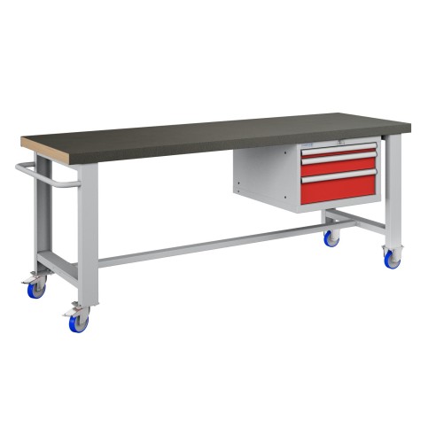 BANCO LAVORO CON RUOTE E 3 CASSETTI  PROFESSIONALE 75 x 200 cm portata 400 KG. ripiano in Legno o gomma anti olio