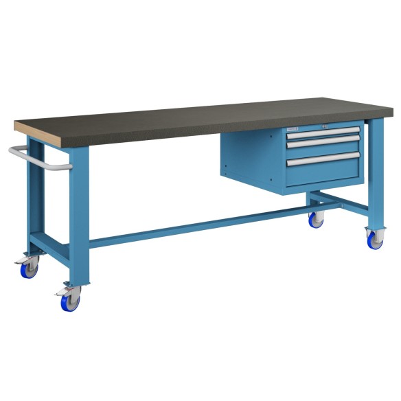 BANCO LAVORO CON RUOTE E 3 CASSETTI  PROFESSIONALE 75 x 200 cm portata 400 KG. ripiano in Legno o gomma anti olio