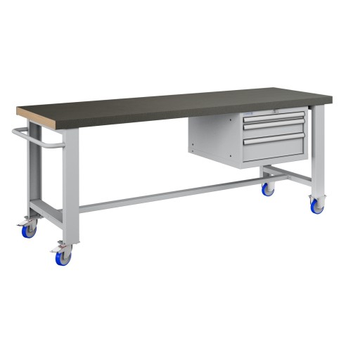 BANCO LAVORO CON RUOTE E 3 CASSETTI  PROFESSIONALE 75 x 200 cm portata 400 KG. ripiano in Legno o gomma anti olio