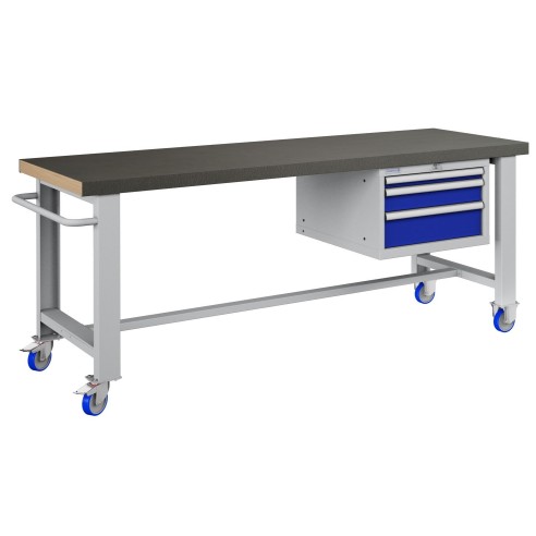 BANCO LAVORO CON RUOTE E 3 CASSETTI  PROFESSIONALE 75 x 200 cm portata 400 KG. ripiano in Legno o gomma anti olio