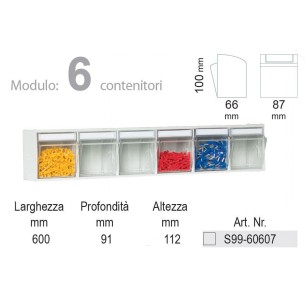 Cassettiera  Porta minuteria 6 cassetti trasparenti H.100 x P.66 x L.87 mm Basculanti in Plastica 2