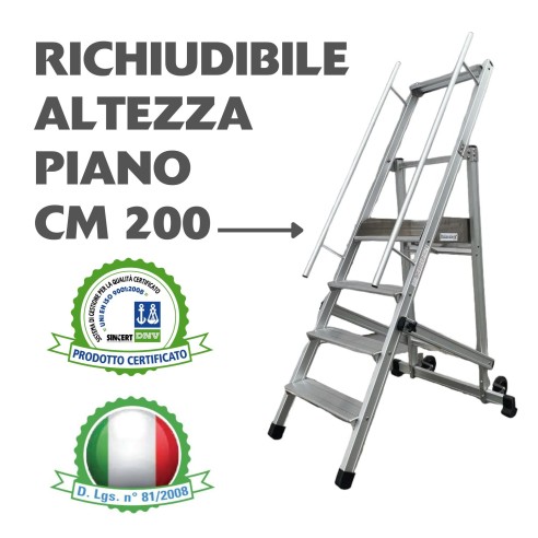 Scala a Castello Palchetto Richiudibile Pieghevole 8 SCALINI H 200 CM Professionale Magazzino Industria in alluminio