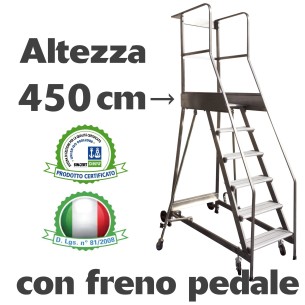 SS1818A/P Scala a castello palchetto cimiteriale 18 SCALINI H 450 CM CON FRENO A PEDALE D.L. 81/2008 in acciaio INOX e alluminio