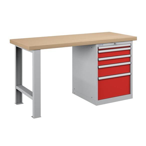 BANCO da LAVORO PIANO LEGNO CON 5 CASSETTI PROFESSIONALE 1500 x 750 mm portata 1400 KG.