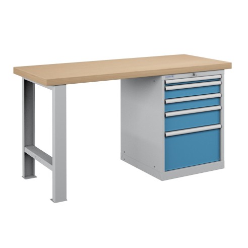 BANCO da LAVORO PIANO LEGNO CON 5 CASSETTI PROFESSIONALE 1500 x 750 mm portata 1400 KG.