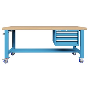 BANCO LAVORO CON RUOTE E 3 CASSETTI  PROFESSIONALE 75 x 200 cm portata 400 KG. ripiano in Legno o gomma anti olio 2
