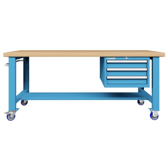 BANCO LAVORO CON RUOTE E 3 CASSETTI  PROFESSIONALE 75 x 200 cm portata 400 KG. ripiano in Legno o gomma anti olio