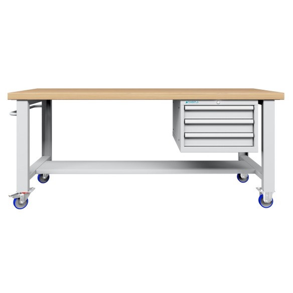 BANCO LAVORO CON RUOTE E 3 CASSETTI  PROFESSIONALE 75 x 200 cm portata 400 KG. ripiano in Legno o gomma anti olio