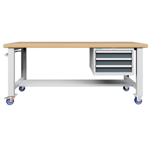 BANCO LAVORO CON RUOTE E 3 CASSETTI  PROFESSIONALE 75 x 200 cm portata 400 KG. ripiano in Legno o gomma anti olio