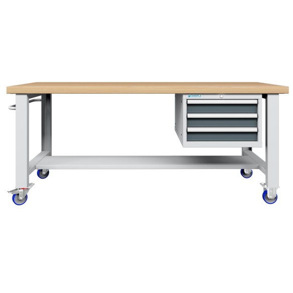 BANCO LAVORO CON RUOTE E 3 CASSETTI  PROFESSIONALE 75 x 200 cm portata 400 KG. ripiano in Legno o gomma anti olio